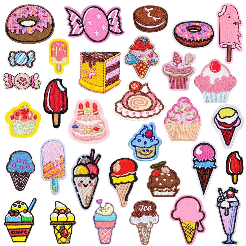 Excefore Embroidered Iron on Patches 32 Pcs Ice Cream Sew On Applique Patches for Clothing Cartoon Candy Cake Donut Patch for Clothing Sew On Set Iron on Patches for Jeans Dress Hats Bags Arts Crafts - Image 1