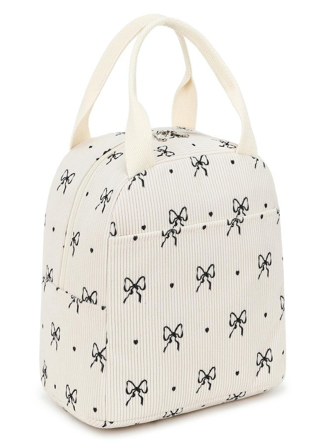 EurCross Cute Bow Tie Lunch Bag for Girls, Ivory Corduroy Insulated Lunch Bag for Two-Meal Space Perfect for School Days, Commuting, fits Bento Boxes, Round Containers, Designer Lunchboxes - Image 1