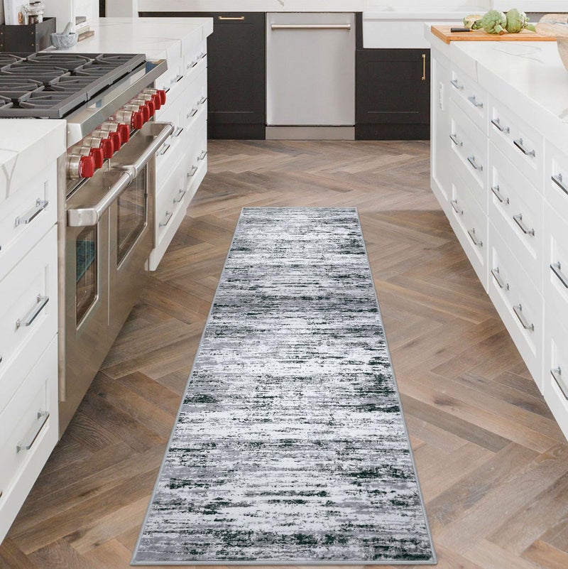 Lansny Modern Abstract Runner Rug 2x6, Black Grey White Washable Kitchen Runner Non-Slip Soft Hallway Rug Runner Thin Print Faux Wool Carpet for Entryway Bedroom Laundry Room Indoor Home Decor - Image 2
