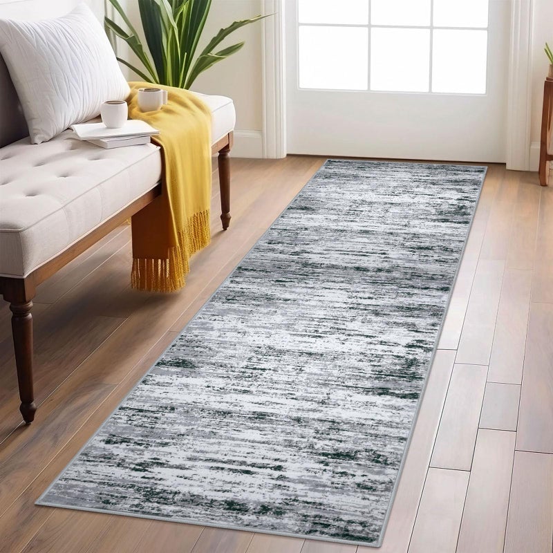 Lansny Modern Abstract Runner Rug 2x6, Black Grey White Washable Kitchen Runner Non-Slip Soft Hallway Rug Runner Thin Print Faux Wool Carpet for Entryway Bedroom Laundry Room Indoor Home Decor - Image 1