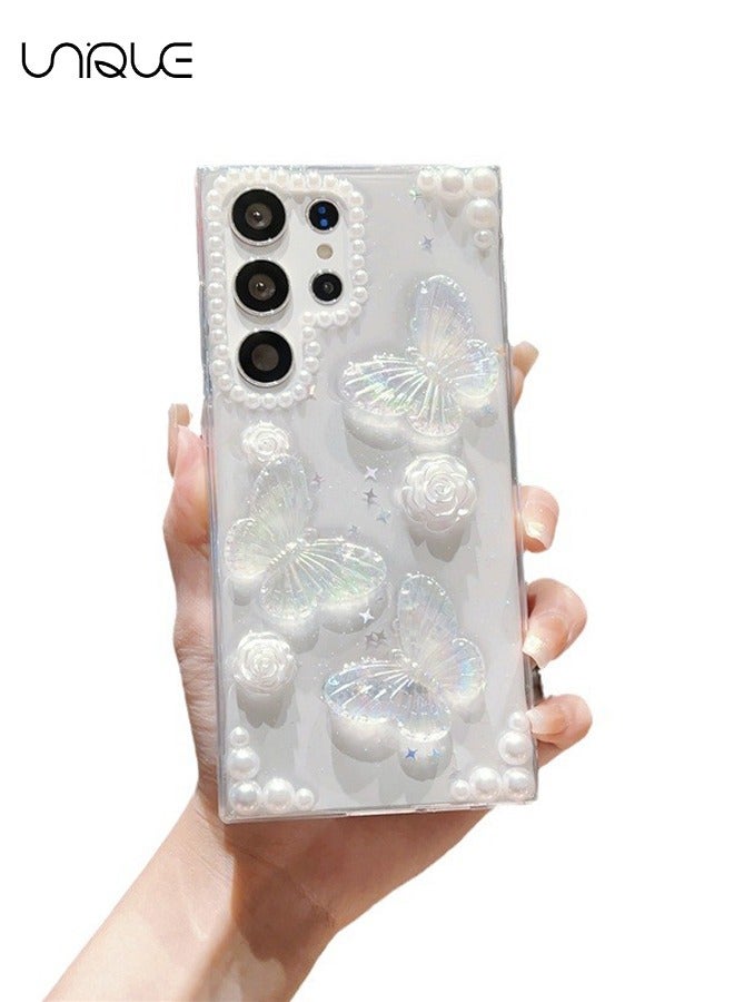 يونيك متوافق مع جراب هاتف سامسونج جالاكسي S23 الترا - جراب هاتف 3D Butterfly Rose Flower Shiny Girl - حافظة هاتف شفافة - حماية من السقوط TPU - Image 1