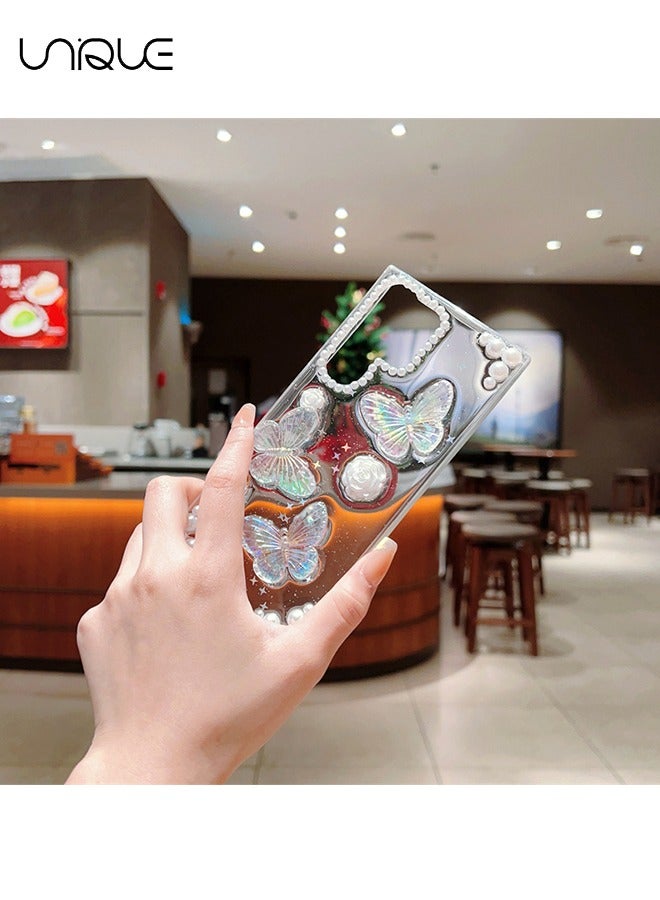 يونيك متوافق مع جراب هاتف سامسونج جالاكسي S23 الترا - جراب هاتف 3D Butterfly Rose Flower Shiny Girl - حافظة هاتف شفافة - حماية من السقوط TPU - Image 2