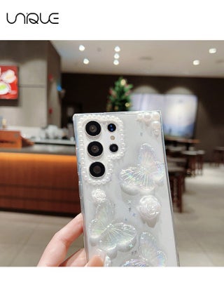 متوافق مع جراب هاتف سامسونج جالاكسي S23 الترا - جراب هاتف 3D Butterfly Rose Flower Shiny Girl - حافظة هاتف شفافة - حماية من السقوط TPU - view 3