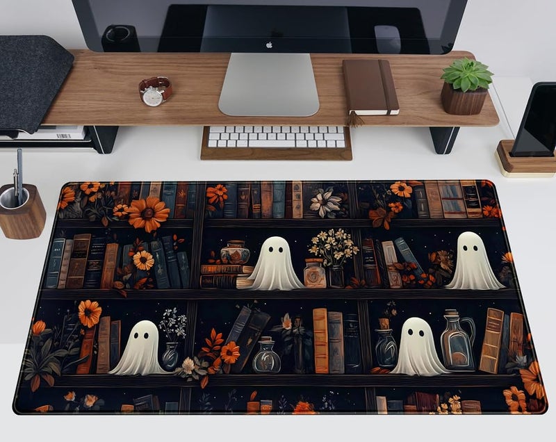 TENG DA QING Cute Ghost Desk Mat Dark Vintage Large Mouse Pad Gaming Black Mouse Pad XXL Large Gaming Mousepad Desk Mat for Desktop Office Computer Laptop Keyboard and Mouse Mat - 31.5 X 15.7 in Desktop Protector - Image 2