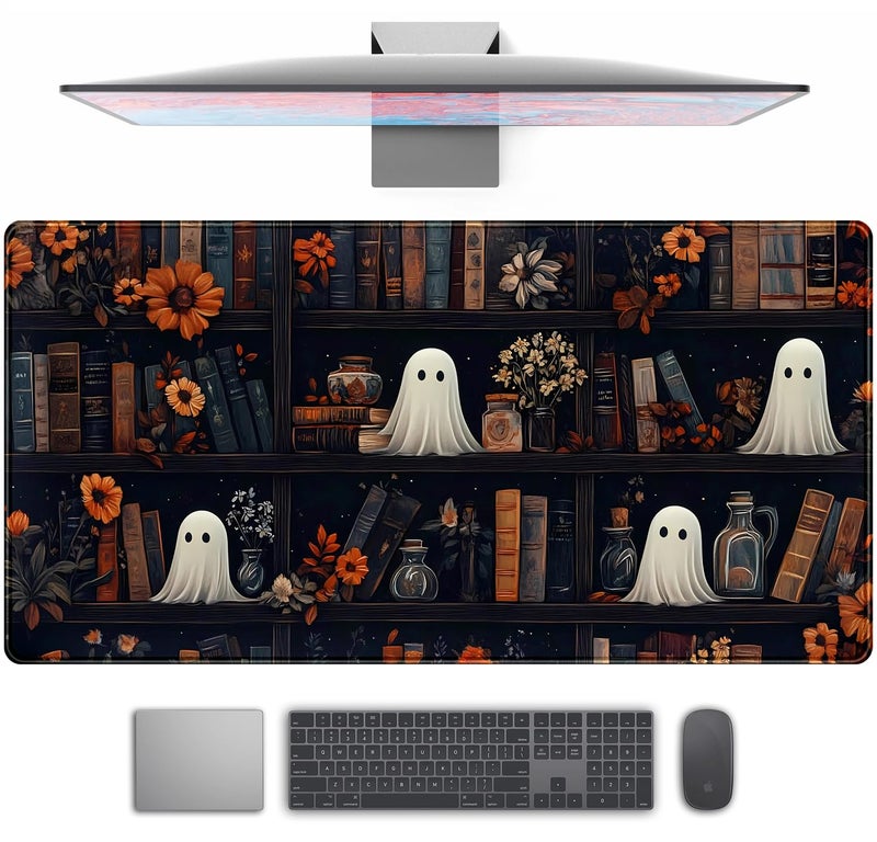 TENG DA QING Cute Ghost Desk Mat Dark Vintage Large Mouse Pad Gaming Black Mouse Pad XXL Large Gaming Mousepad Desk Mat for Desktop Office Computer Laptop Keyboard and Mouse Mat - 31.5 X 15.7 in Desktop Protector - Image 1