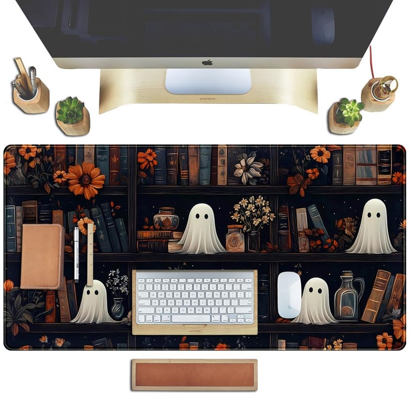 TENG DA QING Cute Ghost Desk Mat Dark Vintage Large Mouse Pad Gaming Black Mouse Pad XXL Large Gaming Mousepad Desk Mat for Desktop Office Computer Laptop Keyboard and Mouse Mat - 31.5 X 15.7 in Desktop Protector - Image 5