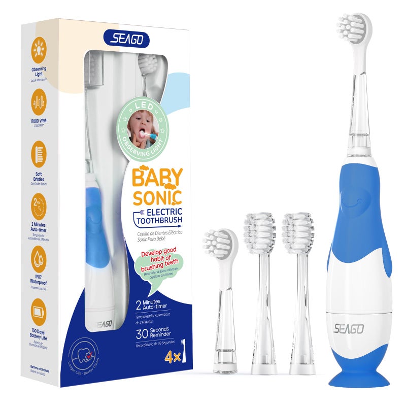 SEAGO Toddler Electric Toothbrushes for Baby Ages 0-3 Years, Baby Toothbrush with Smart Timer and Suction Base, 4 Replacement Brush Heads SG-513 (Navy-C) - Image 1