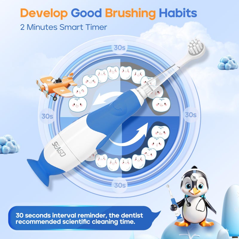 SEAGO Toddler Electric Toothbrushes for Baby Ages 0-3 Years, Baby Toothbrush with Smart Timer and Suction Base, 4 Replacement Brush Heads SG-513 (Navy-C) - Image 5