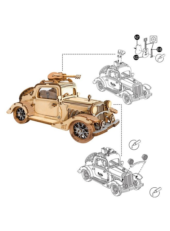 روبوتايم ألغاز روبوتيم الخشبية ثلاثية الأبعاد، مجموعات نماذج سيارات DIY لبناء نموذج خشبي لسيارة عتيقة، هدية لمحبي التجميع - Image 5