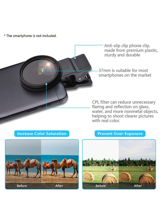 37MM Professional Smartphone CPL Filter Set  Clip-on Circular Polarizer Lens with Universal Phone Clip Lens Protector for Smartphone Photography