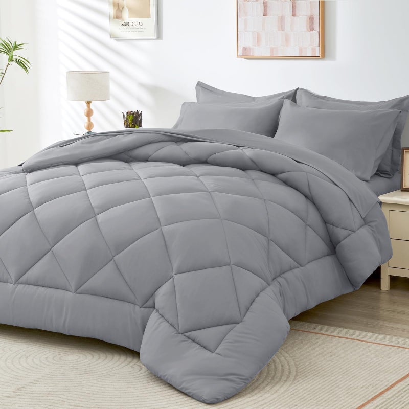 HEVUMYI Light Grey King Comforter Set  7Piece All Season Bed in a Bag King Ultra Soft Bedding Set with Comforter Flat Sheet Fitted Sheet Pillowcases Pillow Shams Light Gray