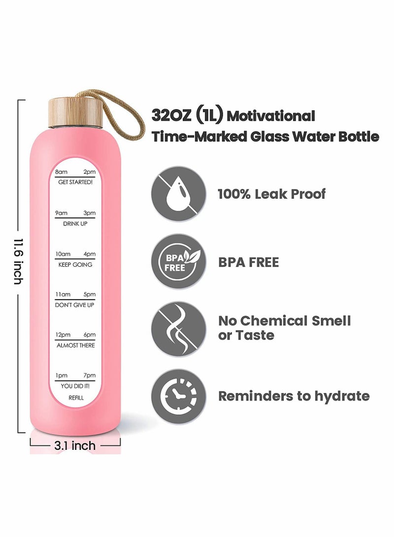 Excefore 32 Oz Borosilicate Glass Water Bottle with Time Marker Reminder Quotes Leak Proof Reusable BPA Free Motivational Water Bottle with Silicone Sleeve and Bamboo Lid Pink - Image 2