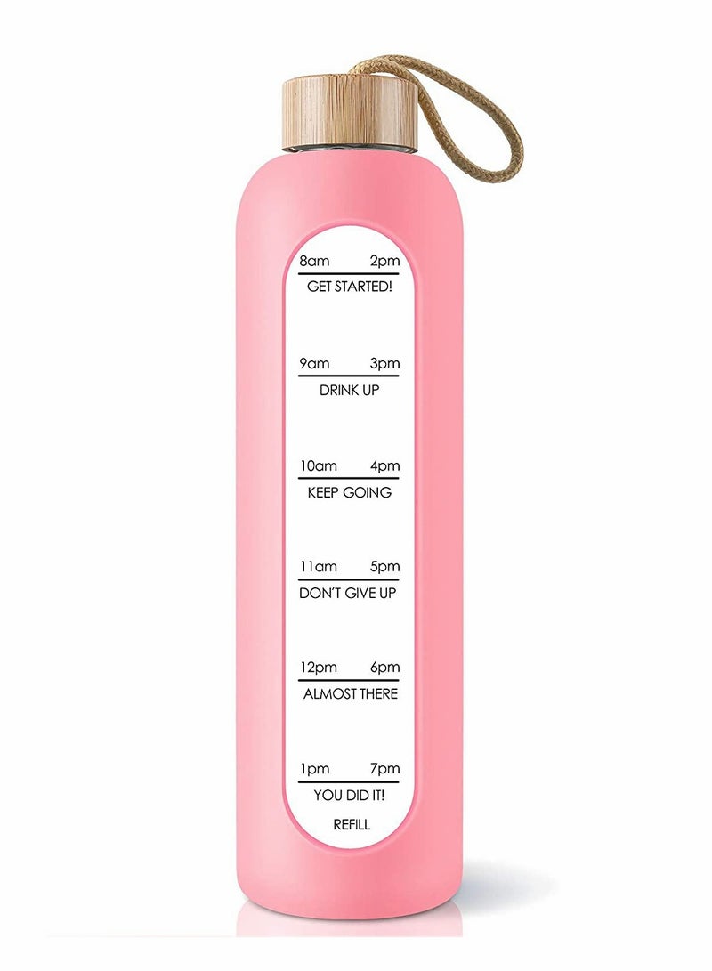 Excefore 32 Oz Borosilicate Glass Water Bottle with Time Marker Reminder Quotes Leak Proof Reusable BPA Free Motivational Water Bottle with Silicone Sleeve and Bamboo Lid Pink - Image 1