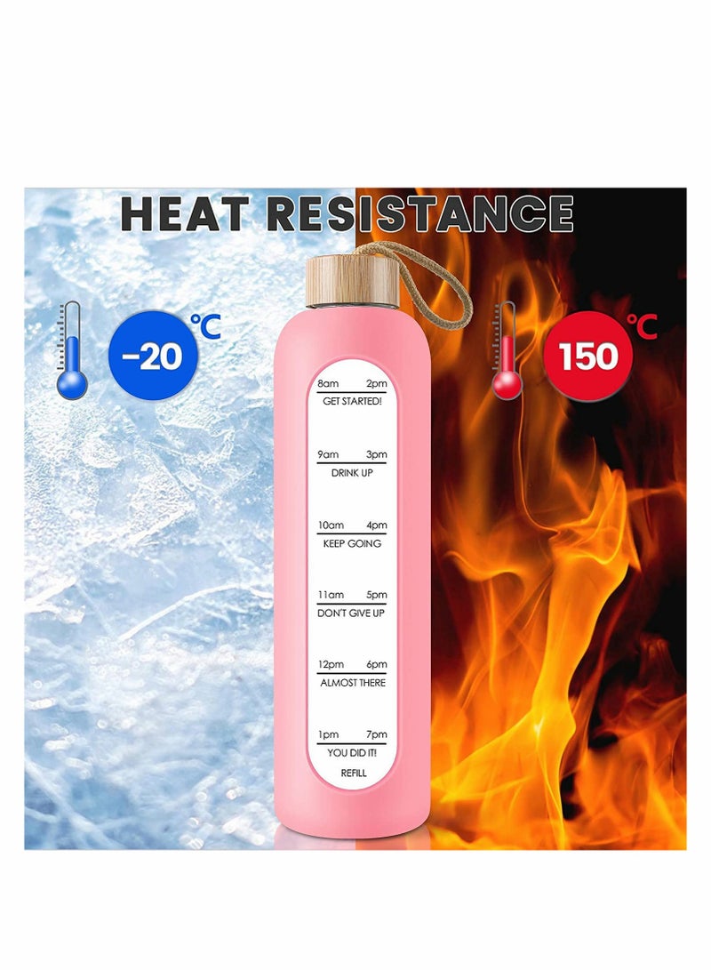 Excefore 32 Oz Borosilicate Glass Water Bottle with Time Marker Reminder Quotes Leak Proof Reusable BPA Free Motivational Water Bottle with Silicone Sleeve and Bamboo Lid Pink - Image 5