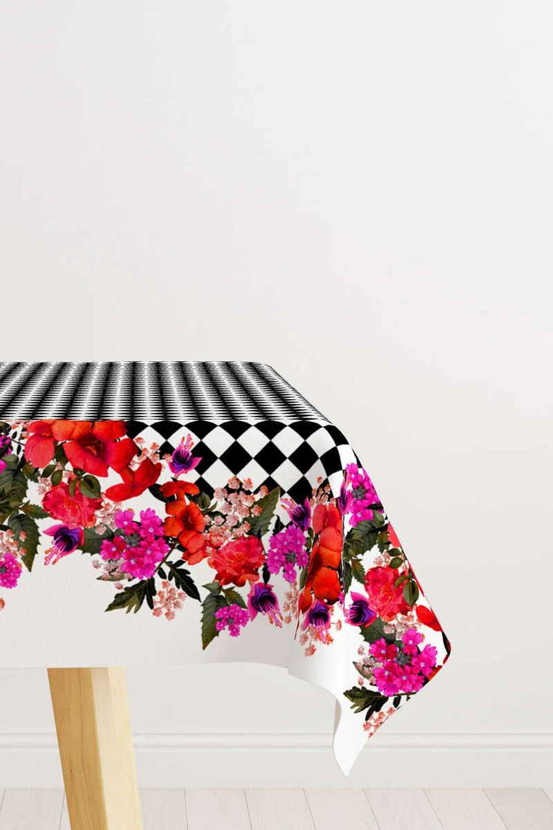 كانغو هوم Black and White Checkered Floral Patterned Digital Printed Tablecloth CGH1106-MS