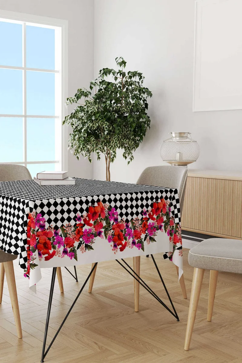 كانغو هوم Black and White Checkered Floral Patterned Digital Printed Tablecloth CGH1106-MS
