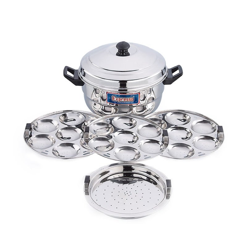 Expresso Stainless Steel Induction Bottom Base & Multi Kadhai 21 idli plate/ 2 & 1 Steamer Plate, Compatible With Gas Stove