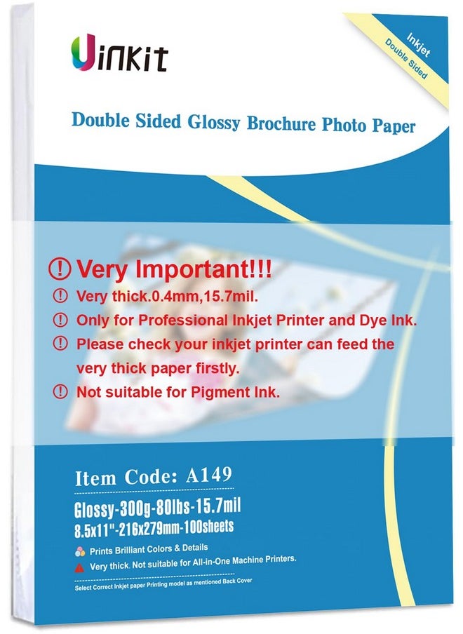 Uinkit Uinkit 100 Sheets 8.5x11 Letter Size Thick Heavyweight Photo Paper Double Sided Glossy Cardstock 80LB 300Gsm 15.7Mil Brochure, Only for professional Inkjet Printer and Dye Ink  - Image 1