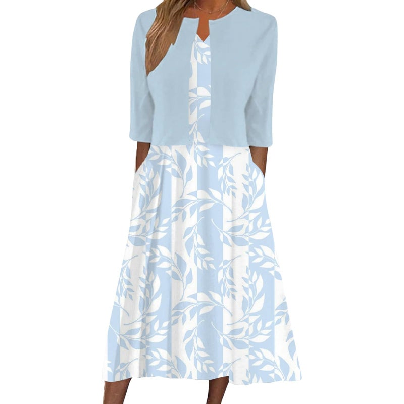 XNC Womens 2 Piece Set Fashion Fresh Plant Print Midi Dress V-Neck Half Sleeve with Jacket A-line Dresses Lounge Outfits - Image 1