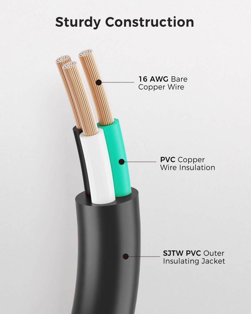 Cable Matters [UL Listed] Cable Matters 2-Pack 16 AWG Heavy Duty 13A Power Extension Cord - 10ft, 3 Prong Power Cord Extension, NEMA 5-15P to NEMA 5-15R, Black - Image 5