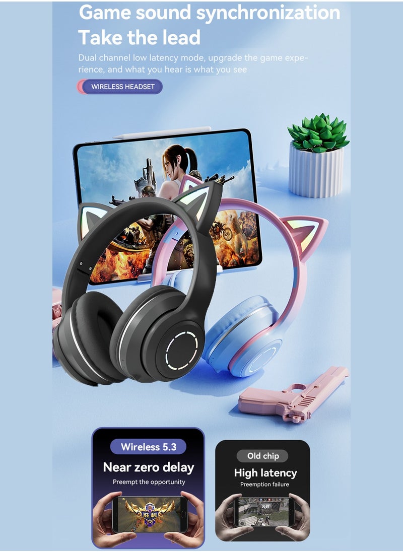 سماعة رأس لاسلكية بتقنية البلوتوث RGB فوق الأذن، سماعة رأس ستيريو LED Cat-Ear، مع بطاقة TF/وضع سلكي/لاسلكي، ST89M أسود
