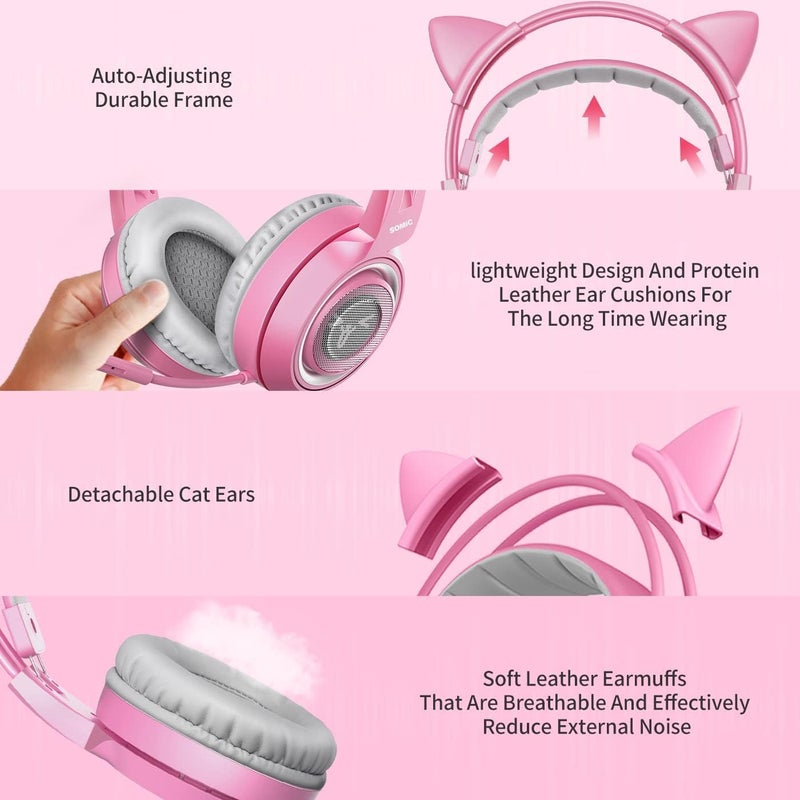 Somic G951pink Gaming Headset for PC, PS4, PS5, Laptop, Cat Ear Headphone USB Gaming Headphones with Mic Noise Cancelling, LED Light, 7.1 Virtual Surround Sound for Girls, Women - Image 5