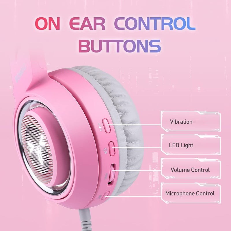 Somic G951pink Gaming Headset for PC, PS4, PS5, Laptop, Cat Ear Headphone USB Gaming Headphones with Mic Noise Cancelling, LED Light, 7.1 Virtual Surround Sound for Girls, Women - Image 2