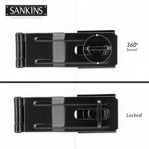 SANKINS 4-1/2" Swivel Staple Safety Hasps, Gate Door Hasp Latches Safety Packlock Clasp Locking with Twist Knob for Fence, Gate, Cabinet, Black, 2 Pack - Image 4