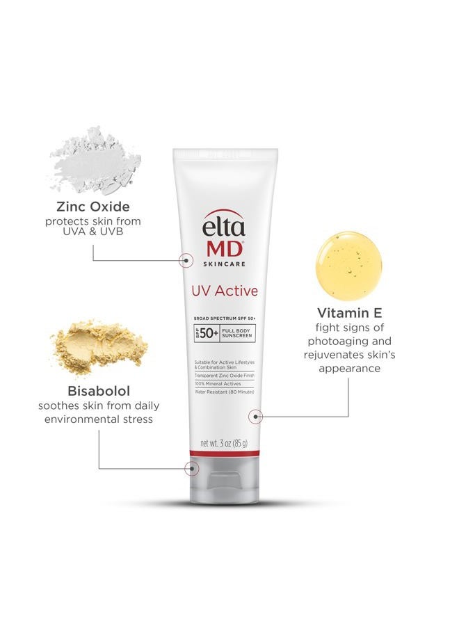 EltaMD UV Active Mineral Sunscreen with Zinc Oxide, Water Resistant Sunscreen SPF 50+ Up to 80 Minutes, Oil Free SPF for Face and Body, 3.0 oz Tube - Image 4
