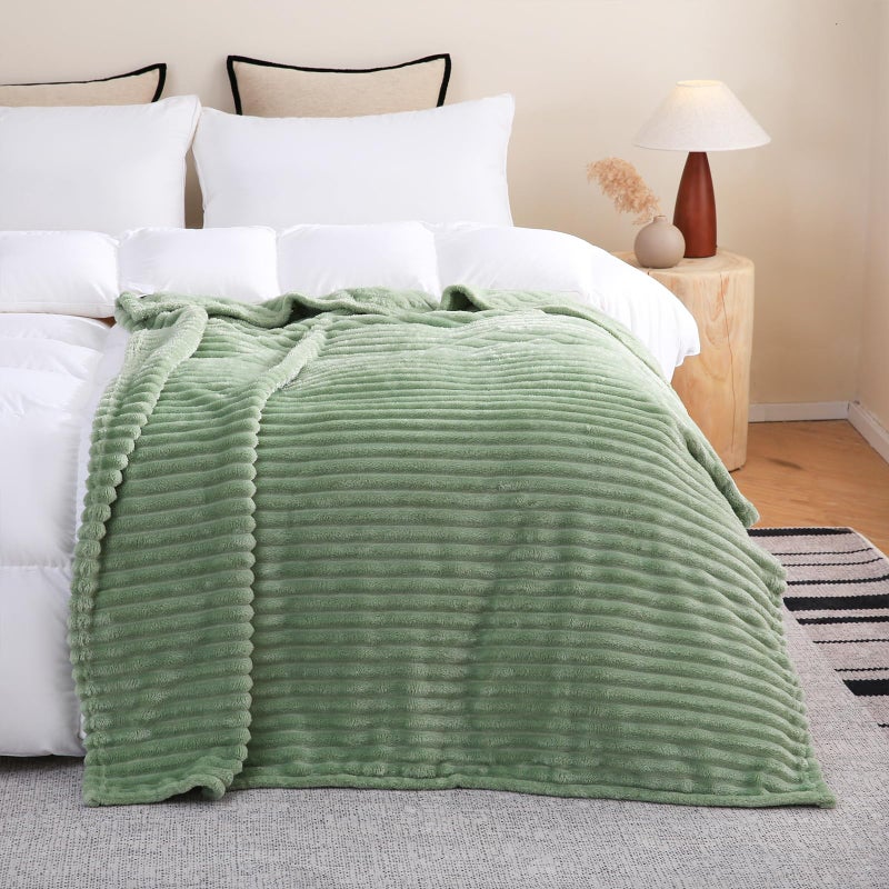 Linecooo Sage Green Fleece Throw Blanket 50â€Ã—60â€ for Couch Sofa Bed,Super Soft Cozy Plush Microfiber Flannel Blanket with Stripes Design Lightweight for Adults,Woman,Girls - Image 3