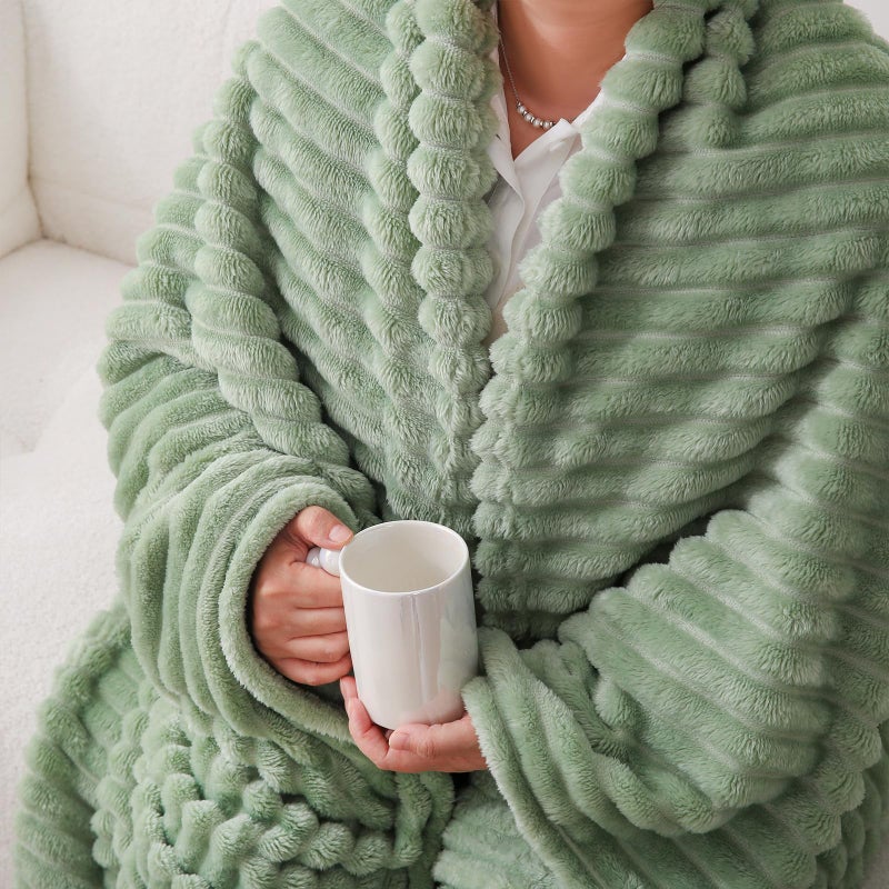 Linecooo Sage Green Fleece Throw Blanket 50â€Ã—60â€ for Couch Sofa Bed,Super Soft Cozy Plush Microfiber Flannel Blanket with Stripes Design Lightweight for Adults,Woman,Girls - Image 5