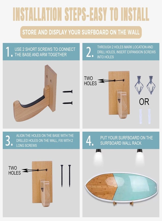 LINGVUM Surfboard Wall Mount Wooden Surf Board Wall Racks for Storage and Display Your Surfboards/Skimboards/Skateboards - Image 4
