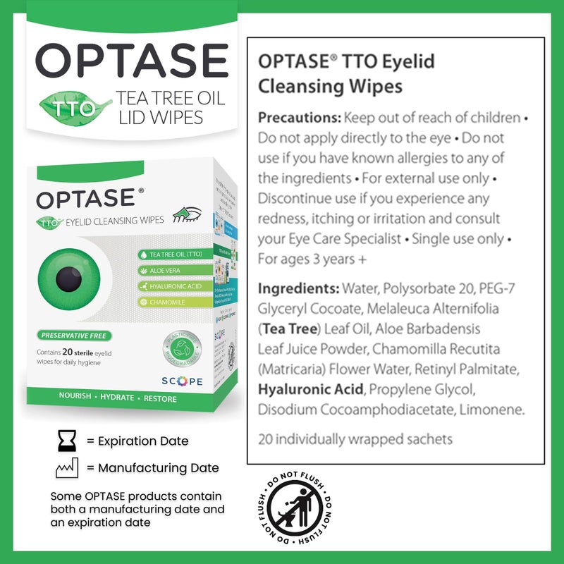 OPTASE TTO Eyelid Cleansing Wipes, 20 Wipes â€“ Individually Wrapped Tea Tree Oil Eyelid Wipes â€“ Preservative-Free Formula for Daily Use â€“ Eye Doctor Recommended Tea Tree Eyelid Cleanser - Image 2