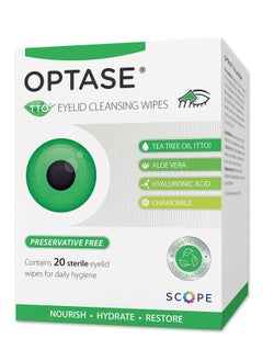 OPTASE Tea Tree Oil Eyelid Wipes - Cleansing for Dry Eyes Blepharitis Treatment Preservative Free, Natural Ingredients Step 2 Cleanse TTO Eye Wipes, Box of 20
