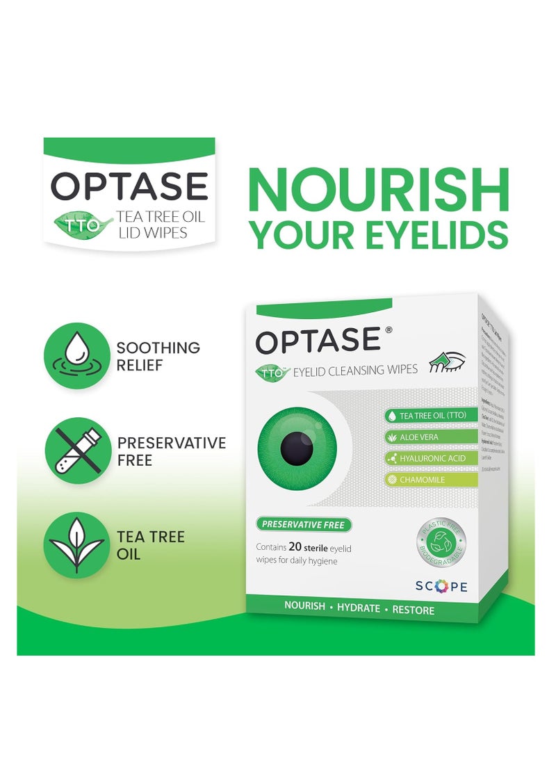 Optase - OPTASE Tea Tree Oil Eyelid Wipes - Cleansing for Dry Eyes Blepharitis Treatment Preservative Free, Natural Ingredients Step 2 Cleanse TTO Eye Wipes, Box of 20 - Image 1