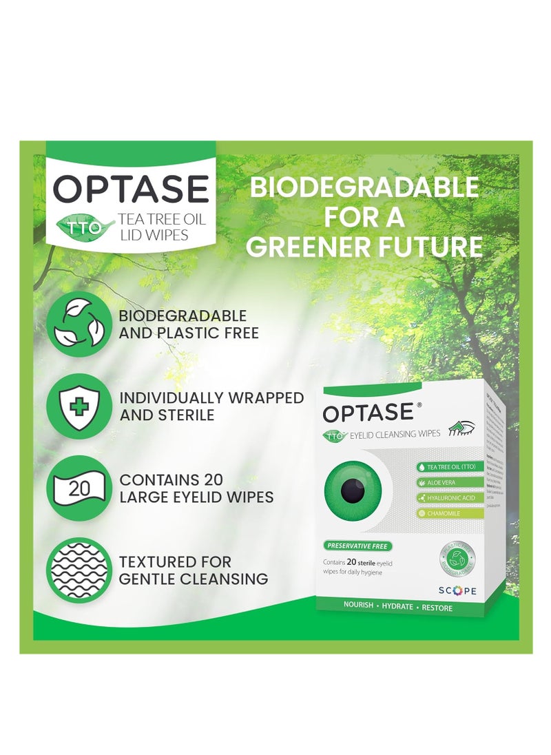 Optase - OPTASE Tea Tree Oil Eyelid Wipes - Cleansing for Dry Eyes Blepharitis Treatment Preservative Free, Natural Ingredients Step 2 Cleanse TTO Eye Wipes, Box of 20 - Image 1