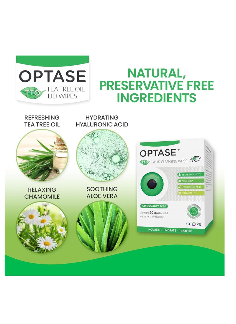 Optase - OPTASE Tea Tree Oil Eyelid Wipes - Cleansing for Dry Eyes Blepharitis Treatment Preservative Free, Natural Ingredients Step 2 Cleanse TTO Eye Wipes, Box of 20 - Image 1