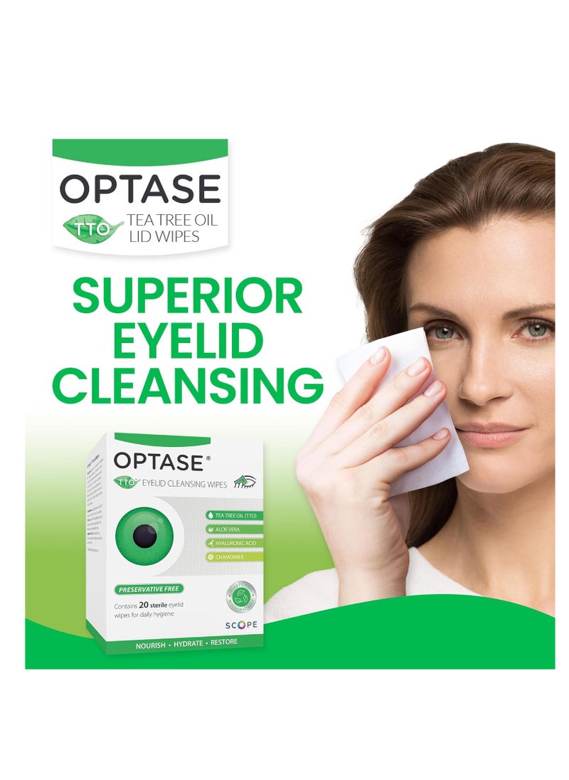 Optase - OPTASE Tea Tree Oil Eyelid Wipes - Cleansing for Dry Eyes Blepharitis Treatment Preservative Free, Natural Ingredients Step 2 Cleanse TTO Eye Wipes, Box of 20 - Image 1