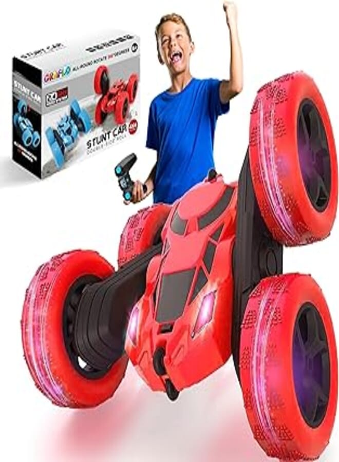 GRAFLO Remote Control Car For Kids, Double Sided 360°Rotating 4WD RC Car with Headlights, 2.4GHz Electric Race Stunt Toys Car Off-Road - Stunt Drifting Car Rechargeable - Toys For Kids (RED) 3+ Years