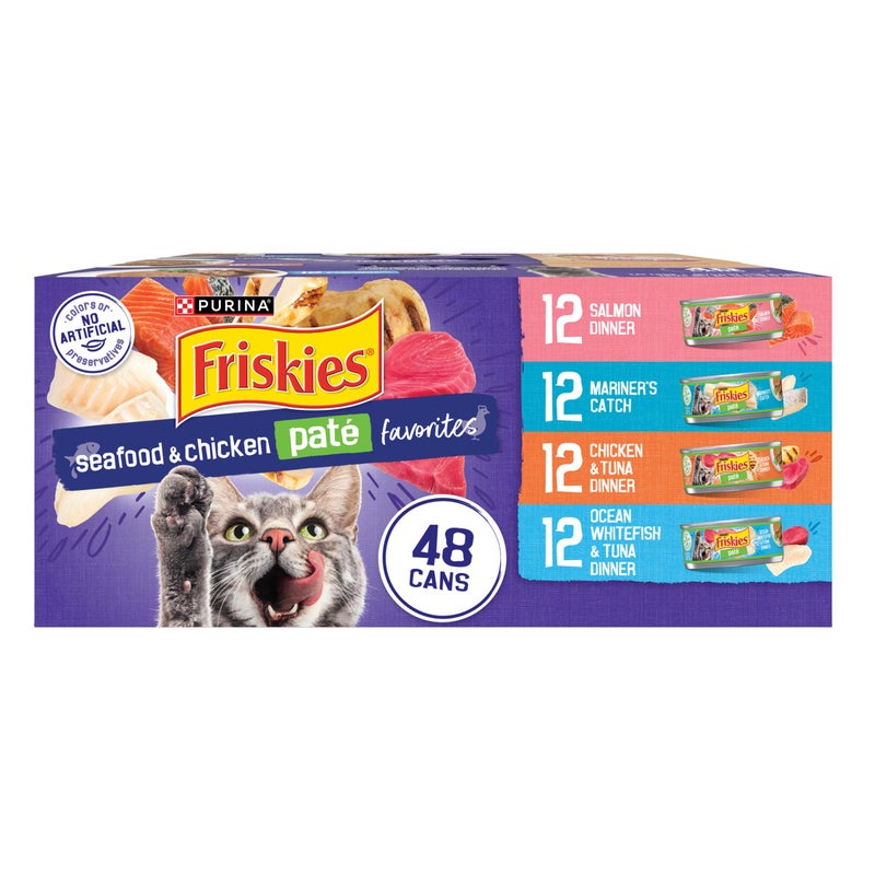Friskies Purina Friskies Pate Wet Cat Food Variety Pack Seafood and Chicken Pate Favorites - 48 ct. Can - Image 1