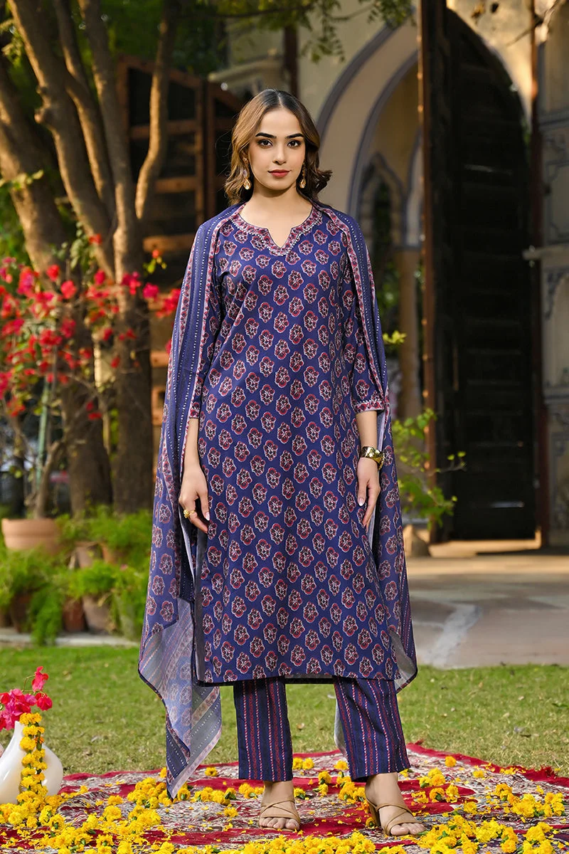 ZERESOUQ Navy Blue Rayon Blend Floral Printed Straight 3-Piece Kurta Set