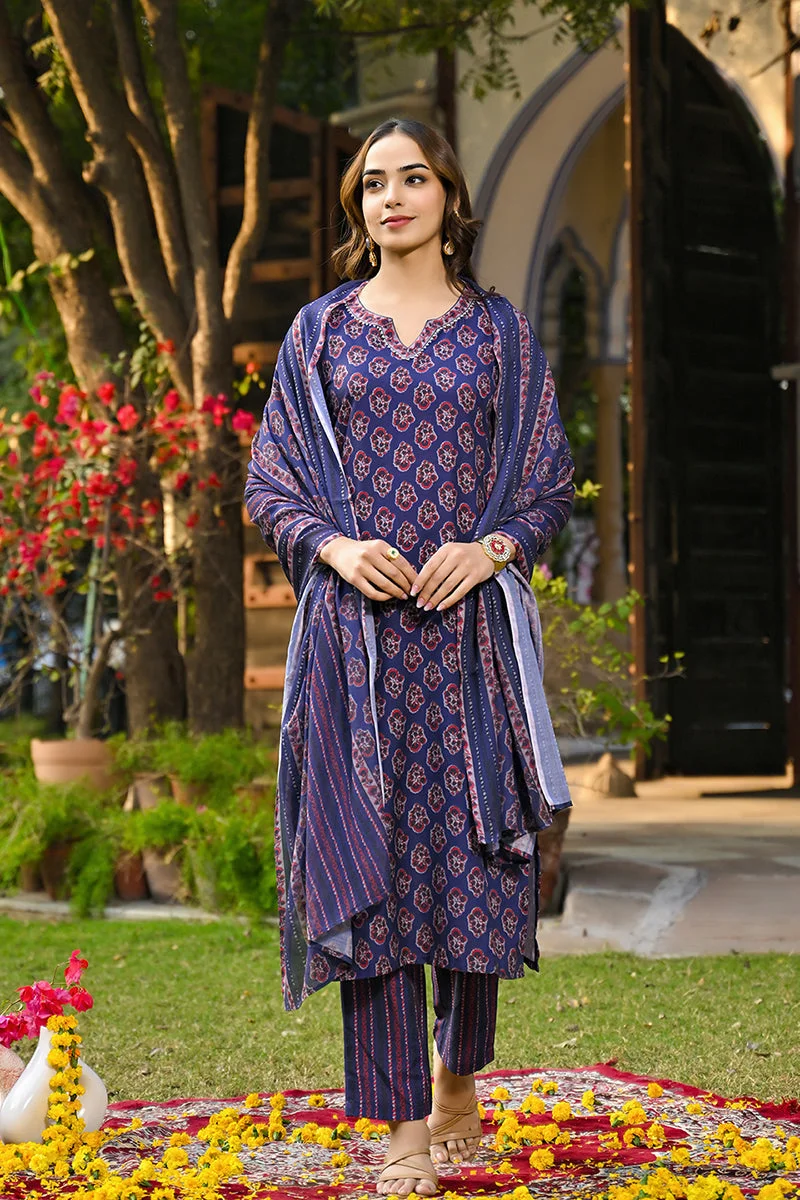 ZERESOUQ Navy Blue Rayon Blend Floral Printed Straight 3-Piece Kurta Set