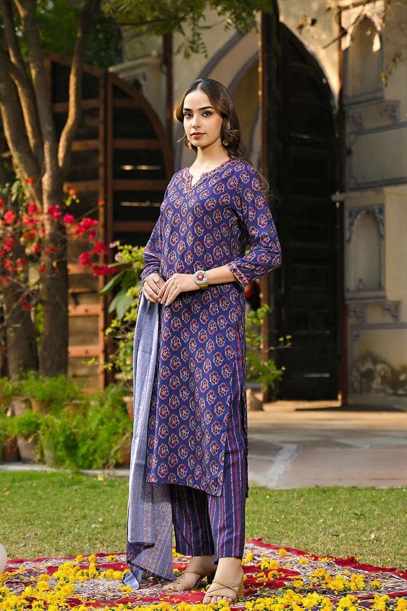ZERESOUQ Navy Blue Rayon Blend Floral Printed Straight 3-Piece Kurta Set