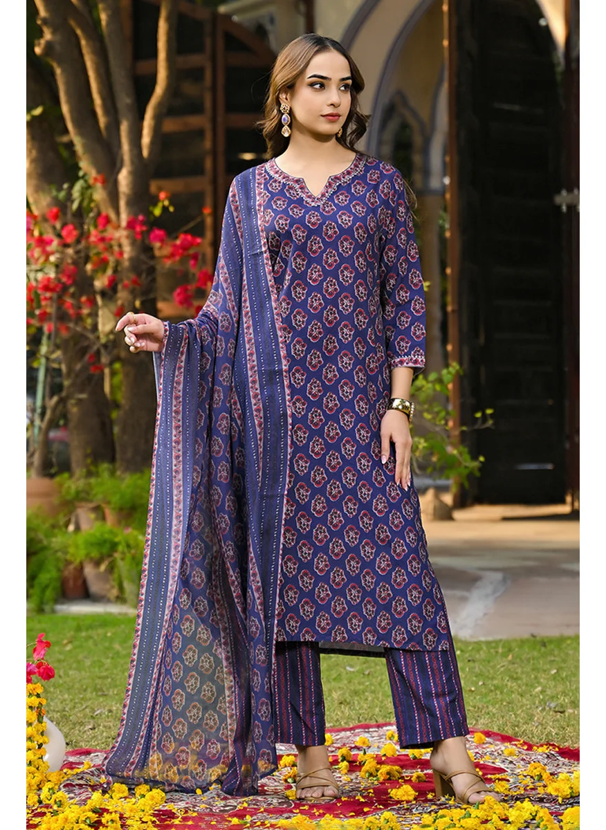 زيري سوق Navy Blue Rayon Blend Floral Printed Straight 3-Piece Kurta Set