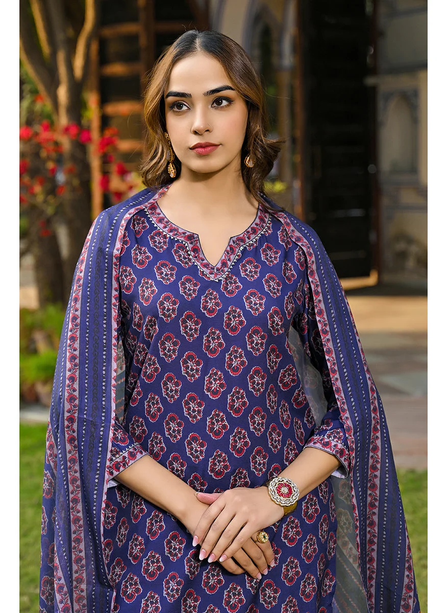 زيري سوق Navy Blue Rayon Blend Floral Printed Straight 3-Piece Kurta Set