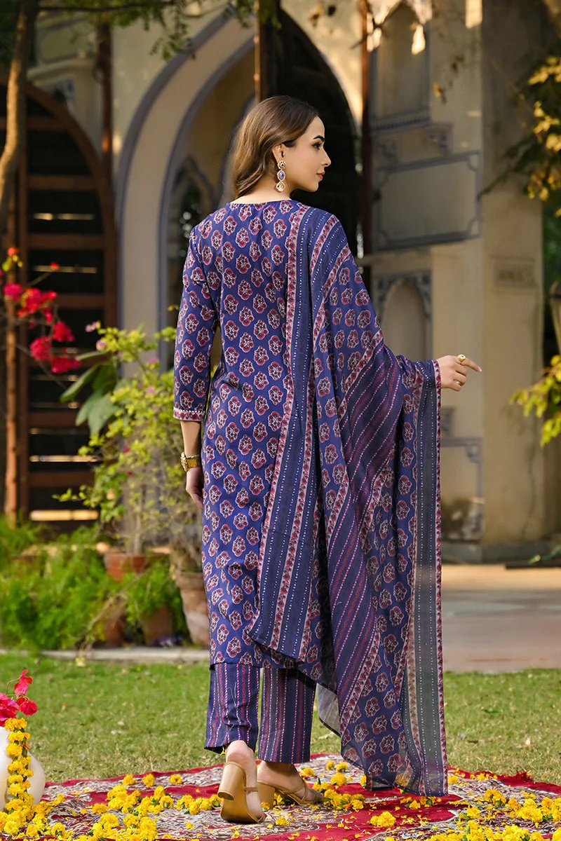 ZERESOUQ Navy Blue Rayon Blend Floral Printed Straight 3-Piece Kurta Set
