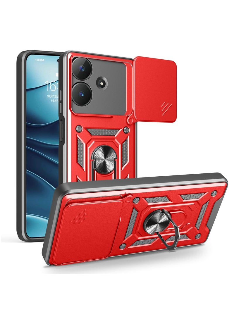 for realme C61 4G/ C63 4G Case Cover, Slide Camera Lens Cover, Magnetic Ring Holder Kickstand Protective Phone Case for realme C61 4G/ C63 4G, Red