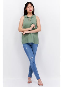 ESPRIT Women Tie Neck Sleeveless Textured Tank Top, Green  - Image 3