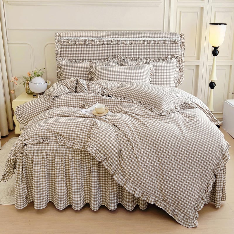 mixinni Tan Gingham Ruffle Duvet Cover Queen Size 3 Pieces â€“ 100% Washed Cotton, Vintage Plaid Ruffled Bedding Set with Zipper Ties, Soft Cream Checkered Grid Farmhouse Chic Comforter Cover Set - Image 1