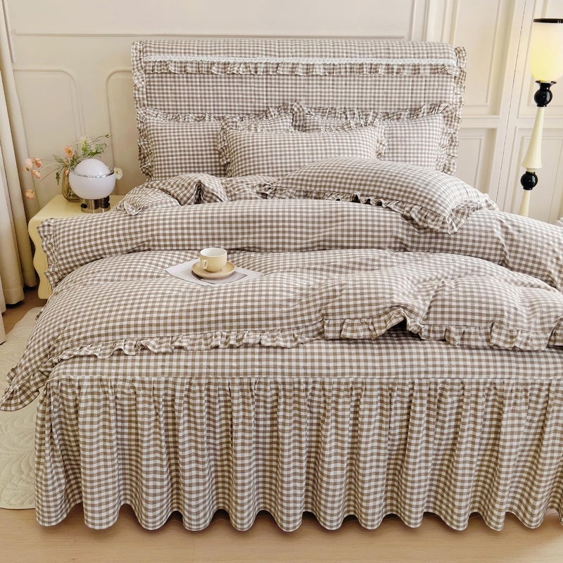 mixinni Tan Gingham Ruffle Duvet Cover Queen Size 3 Pieces â€“ 100% Washed Cotton, Vintage Plaid Ruffled Bedding Set with Zipper Ties, Soft Cream Checkered Grid Farmhouse Chic Comforter Cover Set - Image 3
